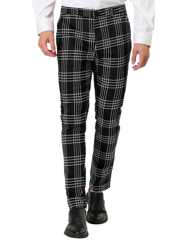 Men's Dress Plaid Pants Formal Printed Checked Trousers 32 Black