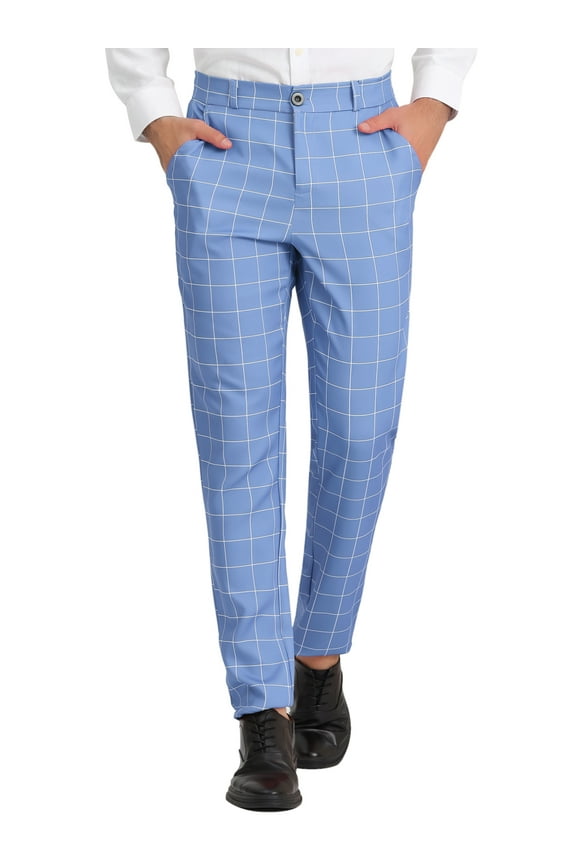 Men's Dress Plaid Printed Business Checked Pants 28 Blue