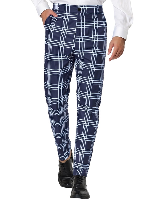 Men's Dress Plaid Printed Business Checked Pants 28 Navy Blue