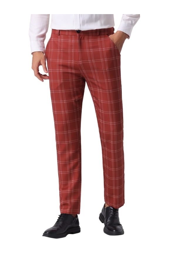 Men's Dress Plaid Printed Business Checked Pants 30 Burgundy