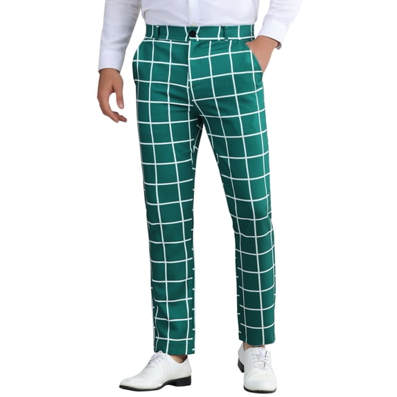 INSPIRE CHIC Men's Dress Plaid Printed Business Checked Pants 32 Deep Green