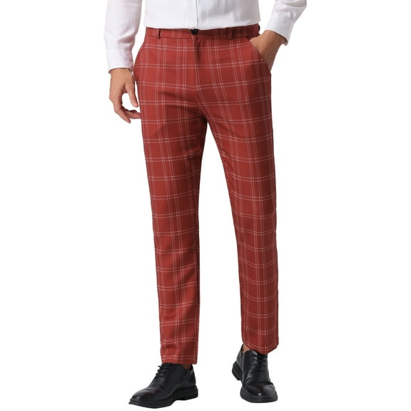 INSPIRE CHIC Men's Dress Plaid Printed Business Checked Pants 34 Burgundy