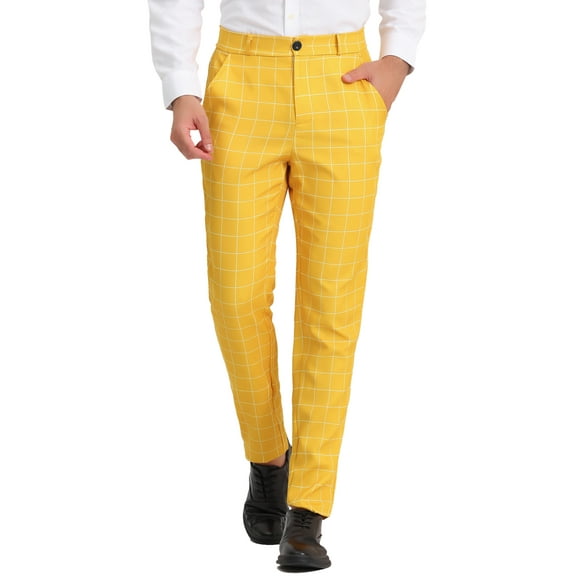 INSPIRE CHIC Men's Dress Plaid Printed Business Checked Pants 34 Yellow