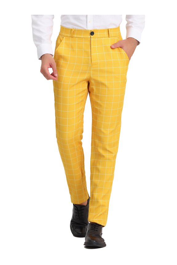 Men's Dress Plaid Printed Business Checked Pants 34 Yellow