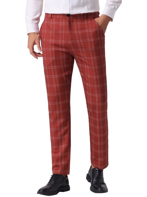 Men's Dress Plaid Printed Business Checked Pants 36 Burgundy