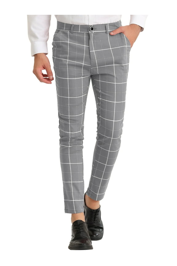 Men's Dress Plaid Slim Fit Flat Front Business Checked Trousers 36 Gray