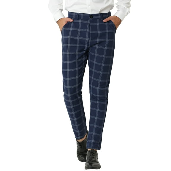 INSPIRE CHIC Men's Dress Plaid Slim Fit Flat Front Business Pants with Pockets 38 Blue