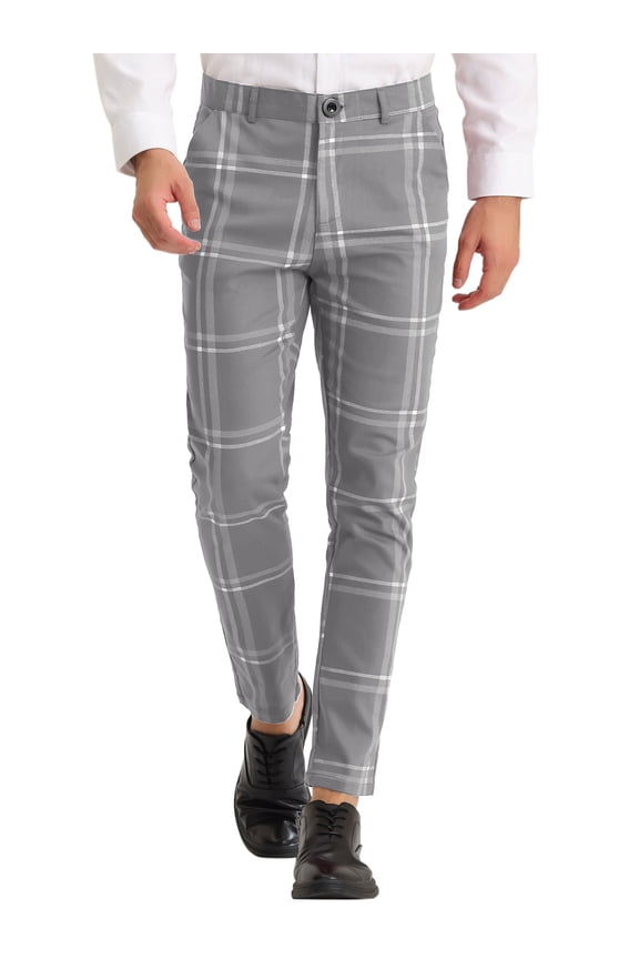 Men's Dress Plaid Slim Fit Flat Front Prom Checked Trousers 36 Gray