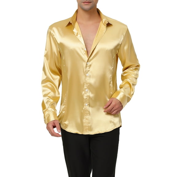 INSPIRE CHIC Men's Dress Satin V Neck Long Sleeves Button Down Party Shirts S Golden