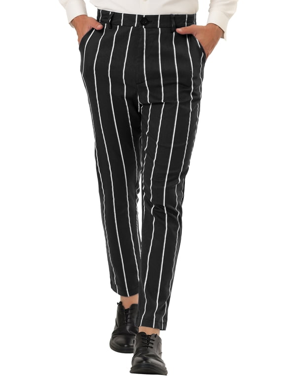 Men's Dress Stripe Pants Slim Fit Flat Front Business Trousers 36 Black