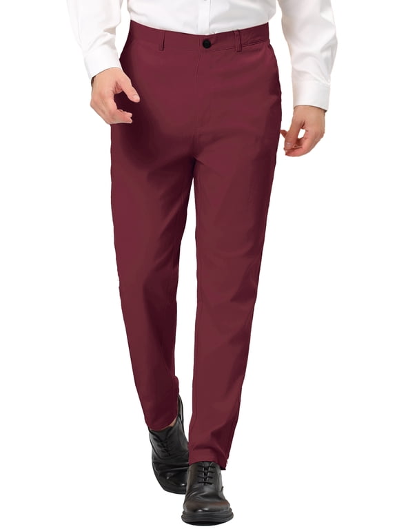 Men's Dress Trousers Solid Color Flat Front Skinny Business Pants 40 Burgundy