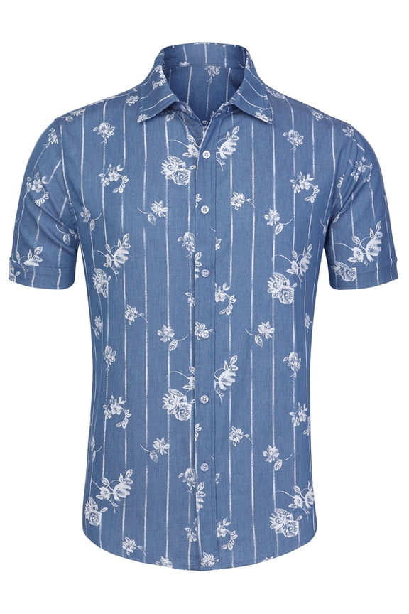 Men's Shirt Fishbone Print Point Collar Short Sleeve Button Down Shirt Blue-3 38