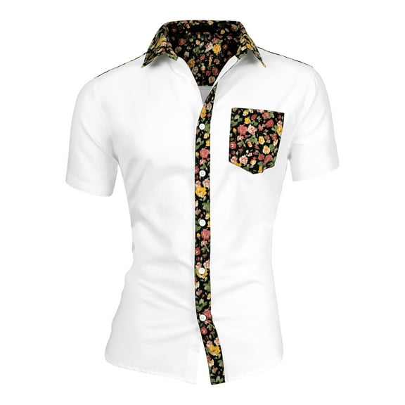 INSPIRE CHIC Men's Shirt Floral Print Short Sleeve Button Down Hawaiian with Pocket Shirt  46 White Black