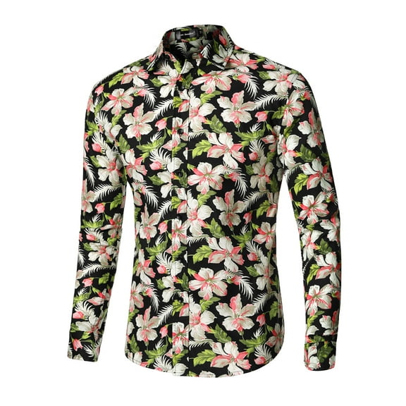 INSPIRE CHIC Men's Shirt Flower Palm Pattern Long Sleeve Button Down Hawaiian Shirt S Black Green