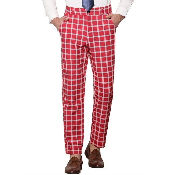 INSPIRE CHIC Men's Formal Color Block Slim Fit Flat Front Plaid Dress Pants