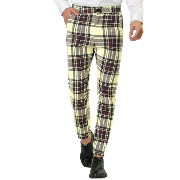 INSPIRE CHIC Men's Formal Color Block Slim Fit Flat Front Plaid Dress Pants 30 Brown