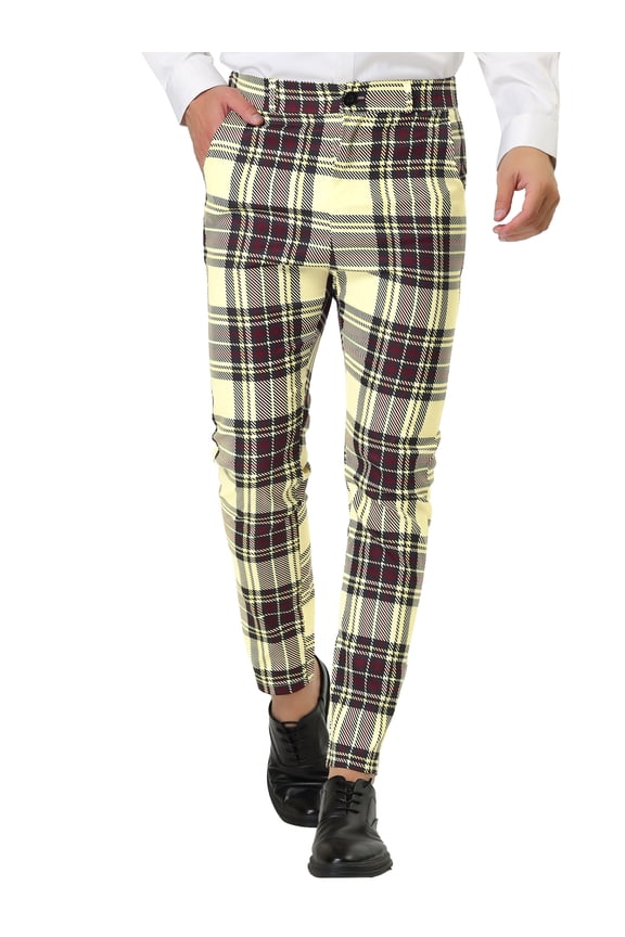Men's Formal Color Block Slim Fit Flat Front Plaid Dress Pants 30 Brown