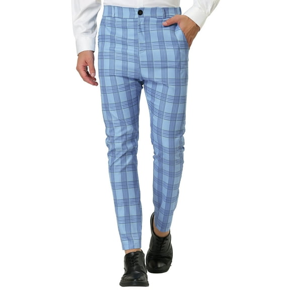 INSPIRE CHIC Men's Formal Color Block Slim Fit Flat Front Plaid Dress Pants 28 Light Blue