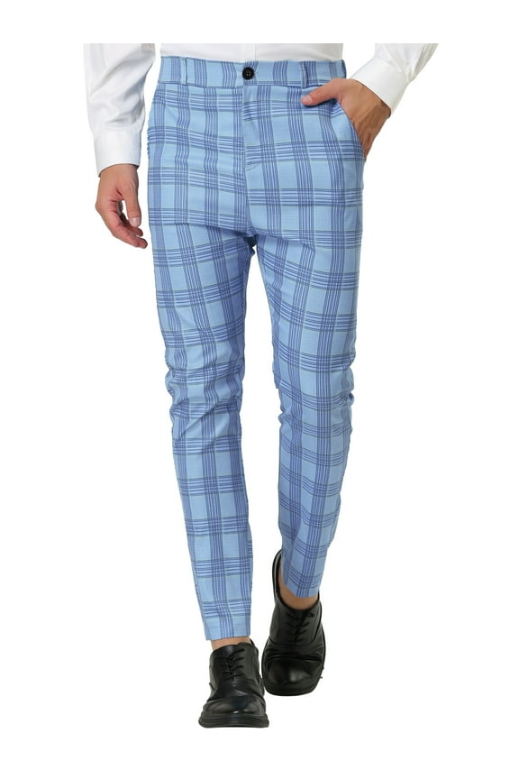 Men's Formal Color Block Slim Fit Flat Front Plaid Dress Pants 28 Light Blue