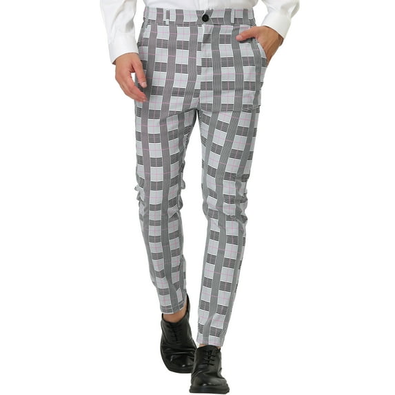 INSPIRE CHIC Men's Formal Color Block Slim Fit Flat Front Plaid Dress Pants 32 Gray