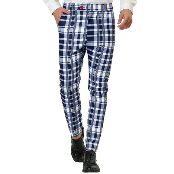 INSPIRE CHIC Men's Formal Color Block Slim Fit Flat Front Plaid Dress Pants 30 Navy Blue