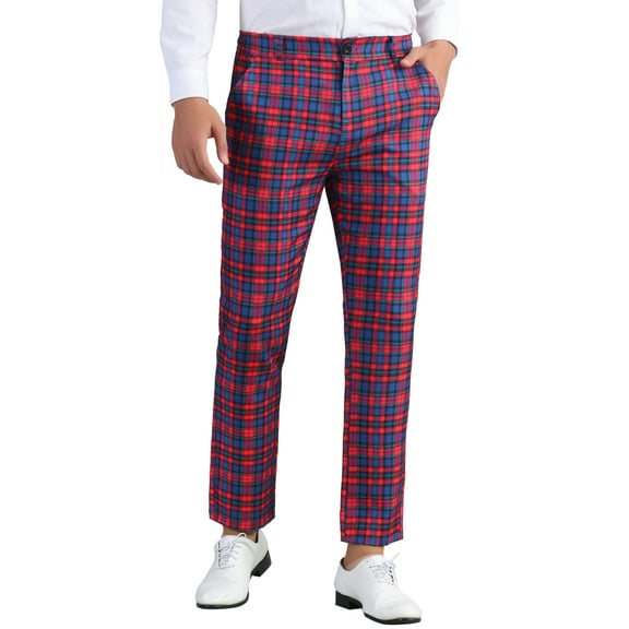 INSPIRE CHIC Men's Formal Color Block Slim Fit Flat Front Plaid Dress Pants 28 Red Blue