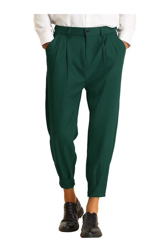Men's Formal Pants Pleated Front Zip Hem Tapered Cropped Pants 36 Dark Green
