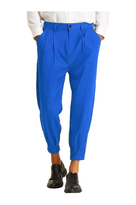 Men's Formal Pants Pleated Front Zip Hem Tapered Cropped Pants 34 Royal Blue