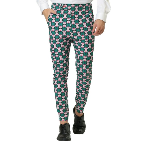 INSPIRE CHIC Men's Casual Geometric Printed Color Block Flat Front Dress Pants 30 Green