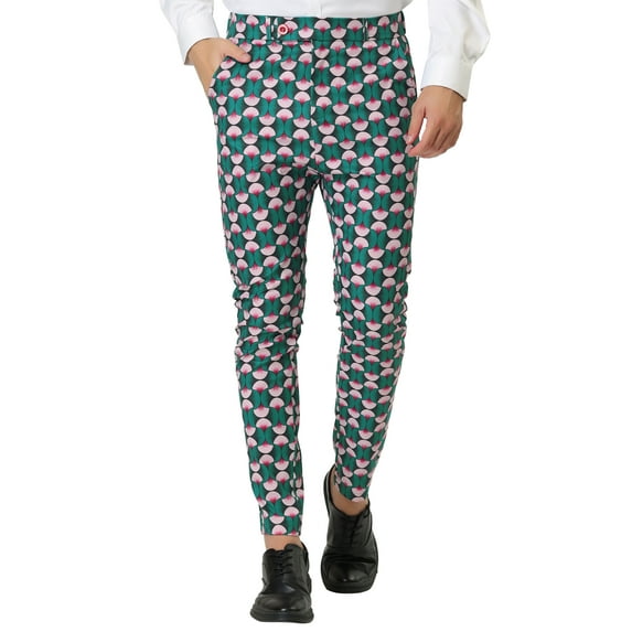 INSPIRE CHIC Men's Casual Geometric Printed Color Block Flat Front Dress Pants 30 Green