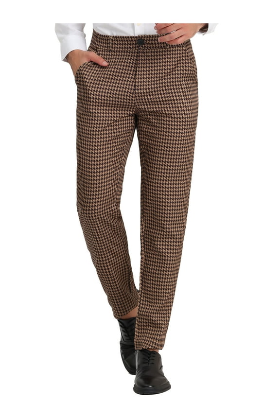 Men's Casual Geometric Printed Color Block Flat Front Dress Pants 38 Brown