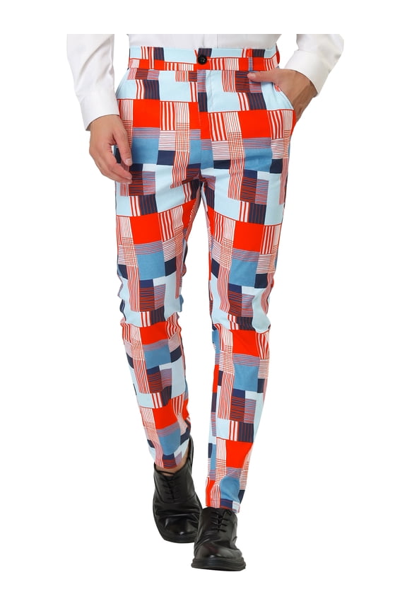 Men's Casual Geometric Printed Color Block Flat Front Dress Pants 30 Orange Blue