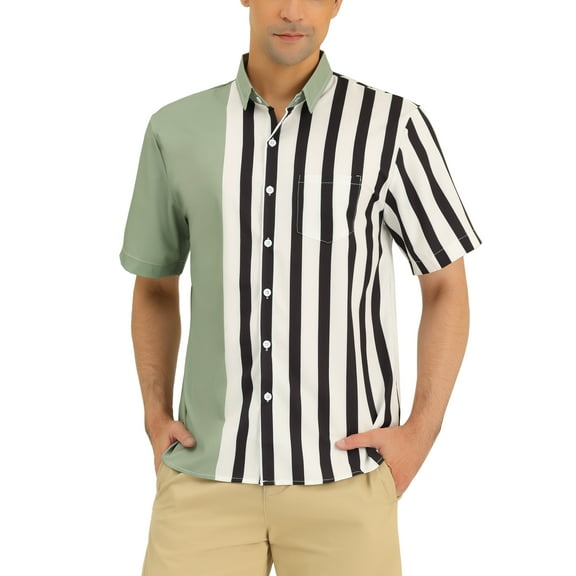 INSPIRE CHIC Men's Hawaiian Short Sleeve Button Down Color Block Stripe Shirts 2XL Light Green Black