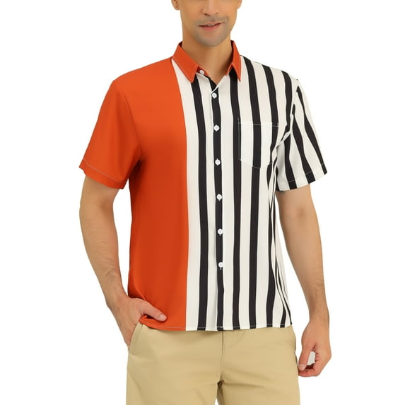 INSPIRE CHIC Men's Hawaiian Short Sleeve Button Down Color Block Stripe Shirts Brown XL