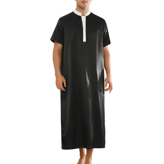 INSPIRE CHIC Men's Henley Collar Nightshirt Short Sleeves Contrast Color Sleep Wear Gown L Black