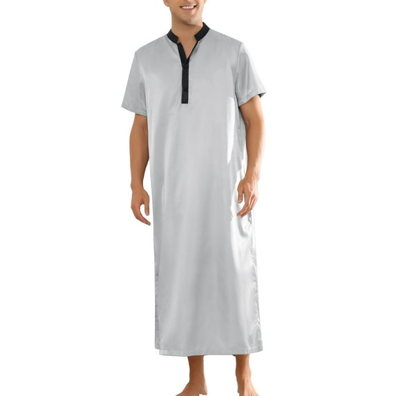 INSPIRE CHIC Men's Henley Collar Nightshirt Short Sleeves Contrast Color Sleep Wear Gown S Gray