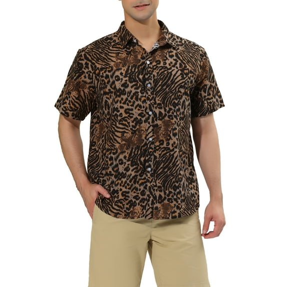 Lars Amadeus Men's Leopard Print Short Sleeve Vintage Animal Cheetah Print Shirt