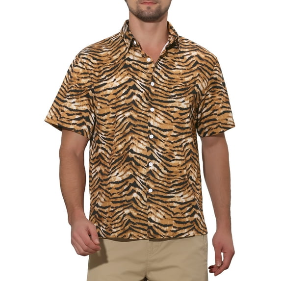 INSPIRE CHIC Men's Leopard Print Short Sleeve Vintage Animal Cheetah Print Shirt S Tiger Print