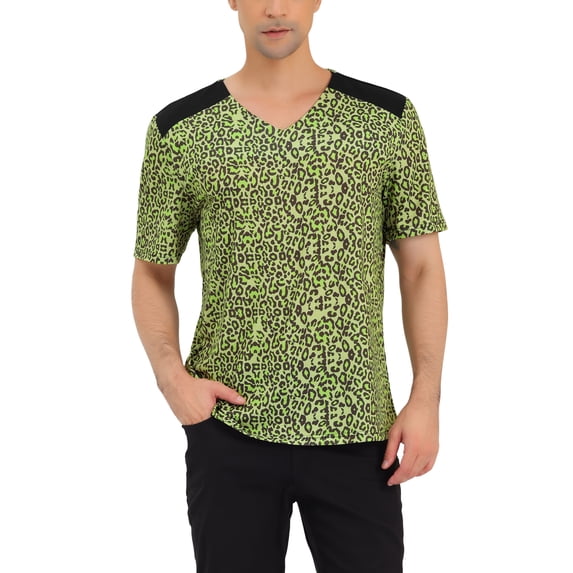 INSPIRE CHIC Men's Leopard Printed T-Shirt V Neck Short Sleeves Top S Green Black