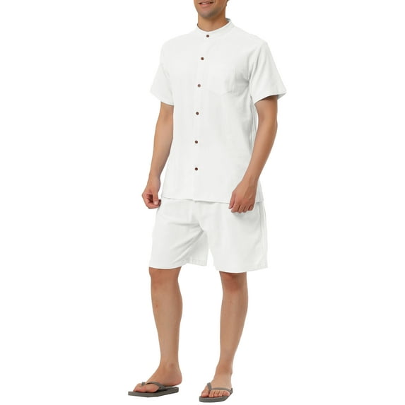 Lars Amadeus Men's Linen Sets Band Collar Button Down Short Sleeves Shirt Solid Beach Shorts