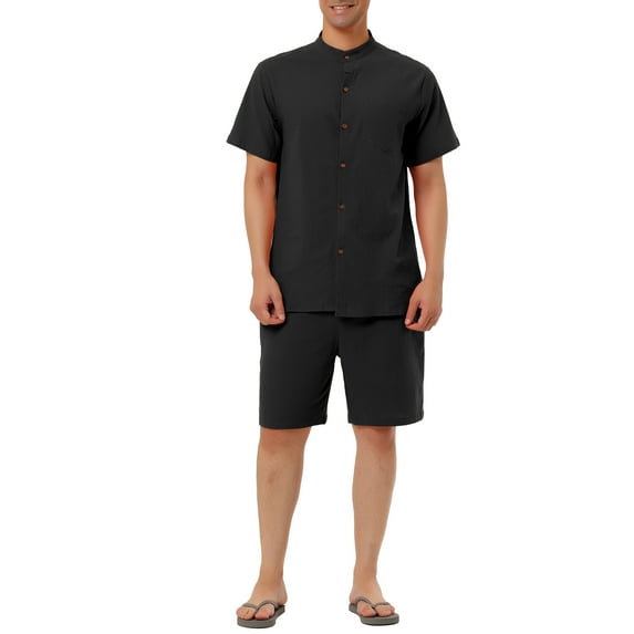 INSPIRE CHIC Men's Linen Sets Band Collar Button Down Short Sleeves Shirt Solid Beach Shorts 2XL Black