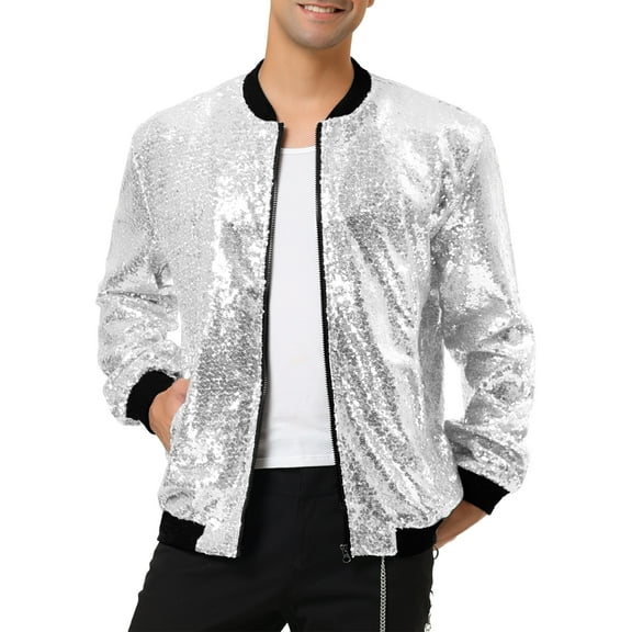 INSPIRE CHIC Men's Jackets Long Sleeve Zipper Glitter Bomber Jacket Coats 2XL Silver