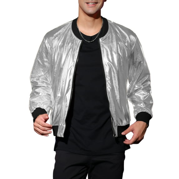 Lars Amadeus Men's Metallic Jacket Zip Up Disco Party Shiny Varsity Bomber Jacket