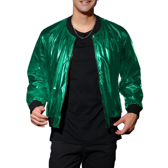 Lars Amadeus Men's Metallic Jacket Zip Up Disco Party Shiny Varsity Bomber Jacket