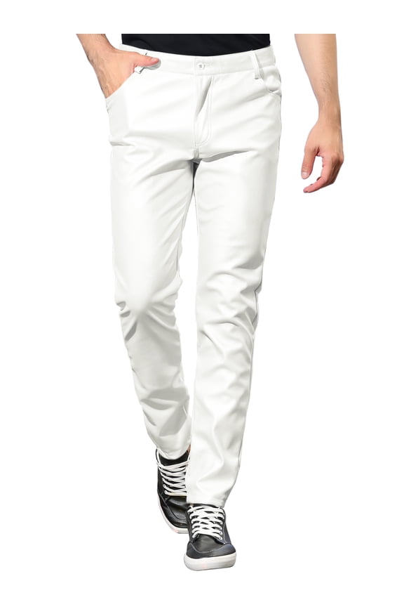 Men's Pants Faux Leather Slim Fit Zip-Fly Solid Pants 32 White
