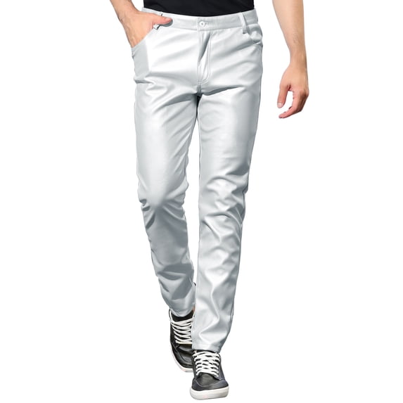 INSPIRE CHIC Halloween Men's Pants Faux Leather Slim Fit Zip-Fly Solid Pants 34 Silver