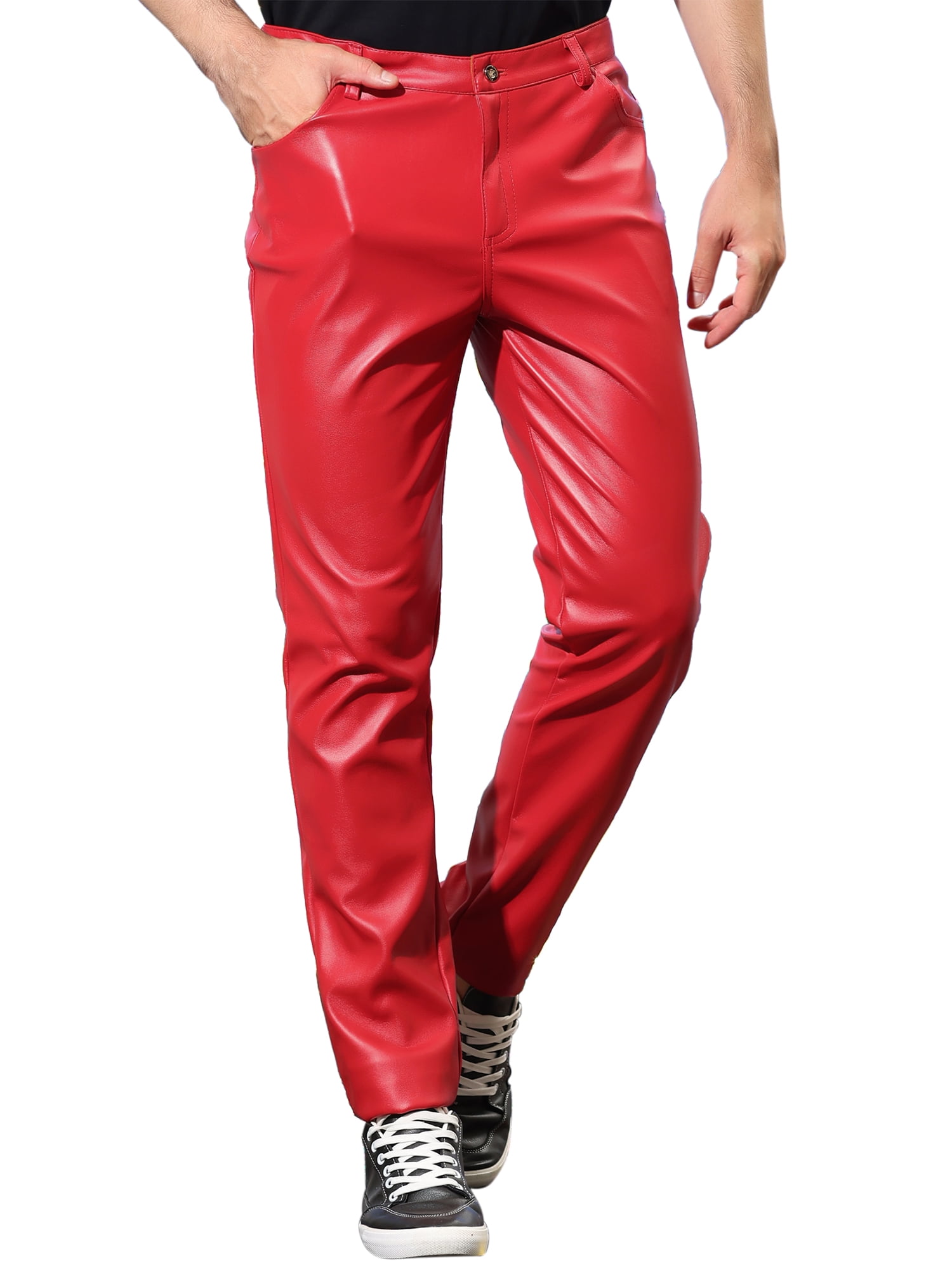 INSPIRE CHIC Men's Pants Faux Leather Slim Fit Zip-Fly Solid Pants 38 Red