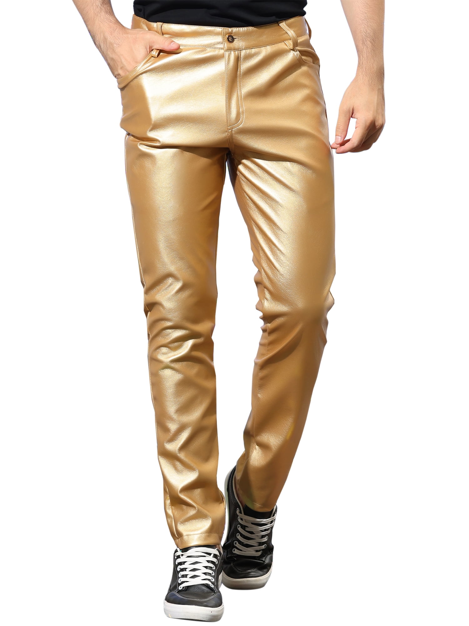 INSPIRE CHIC Men's Pants Faux Leather Slim Fit Zip-Fly Solid Pants 36 Golden