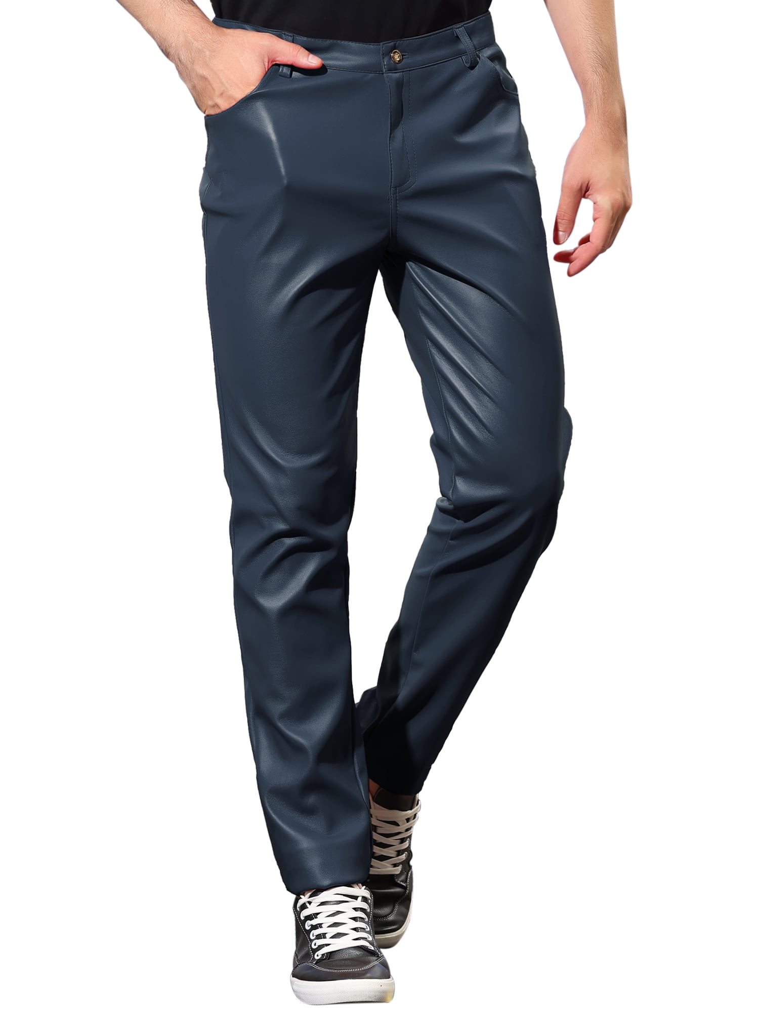 INSPIRE CHIC Men's Pants Faux Leather Slim Fit Zip-Fly Solid Pants 36 Navy Blue