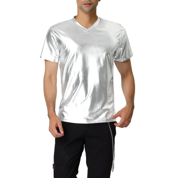 Lars Amadeus Men's Metallic Shiny Nightclub Short Sleeve Party Disco T-Shirt